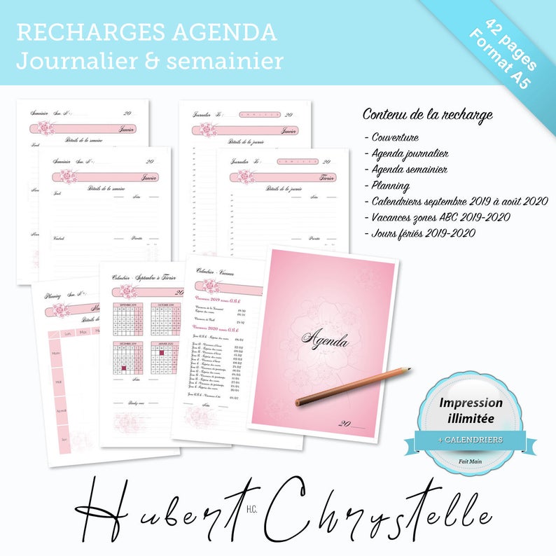 Recharge non datée (fleurs) imprimable A5 pour agenda - Agenda Print H.C